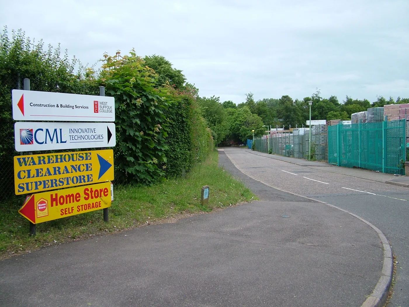 The branch road off Anglian Lane, signed to the warehouse superstore and West Suffolk College's construction centre. The picture does not show the site as it is today.