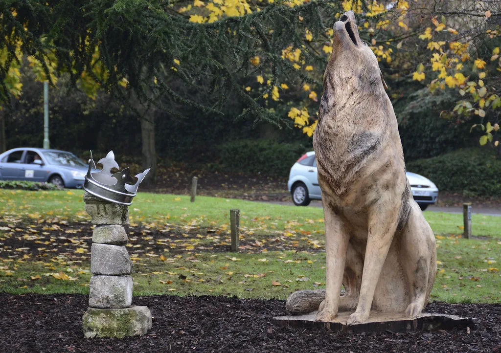 The wolf and crown sculpture in Bury St Edmunds, after the legend of the wolf that guarded Edmund's head